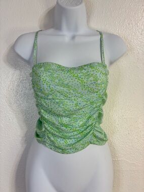 BP Blue Green Floral Smocked Retro Crop Tank Top NWT Sz.M